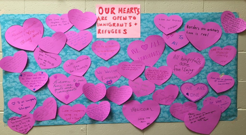 Valentines day notes written by our volunteers and program participants to our Muslim and immigrant neighbors