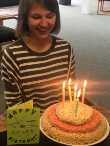 Celebrating Grace's birthday at HIP with three-layer rice-crispy cake!